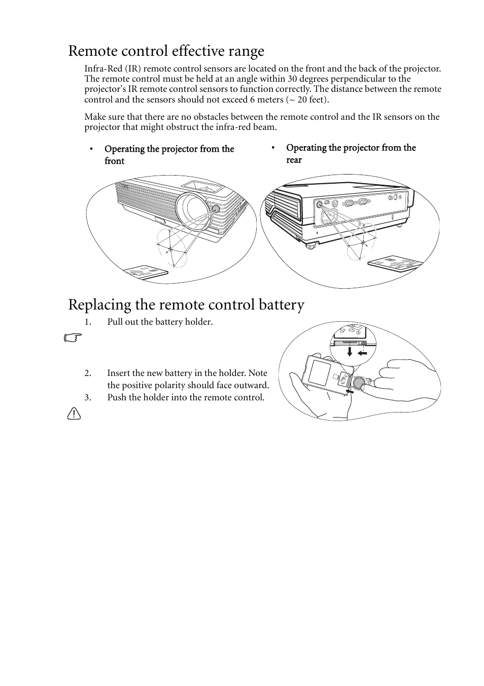 Remote control effective range, Replacing the remote control battery | BenQ MP611c User Manual | Page 15 / 60