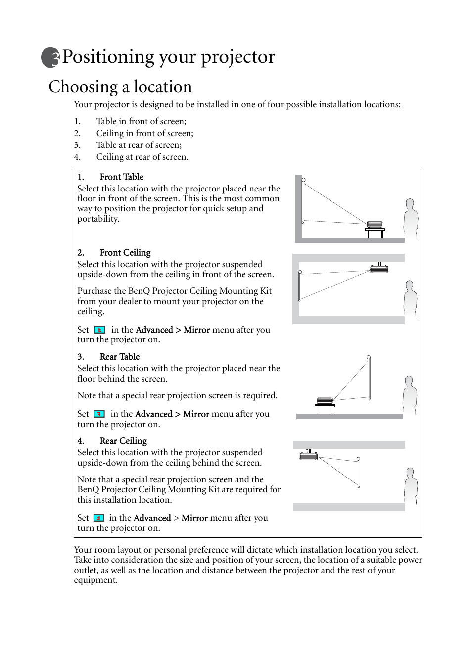 Positioning your projector, Choosing a location | BenQ MP611c User Manual | Page 16 / 60