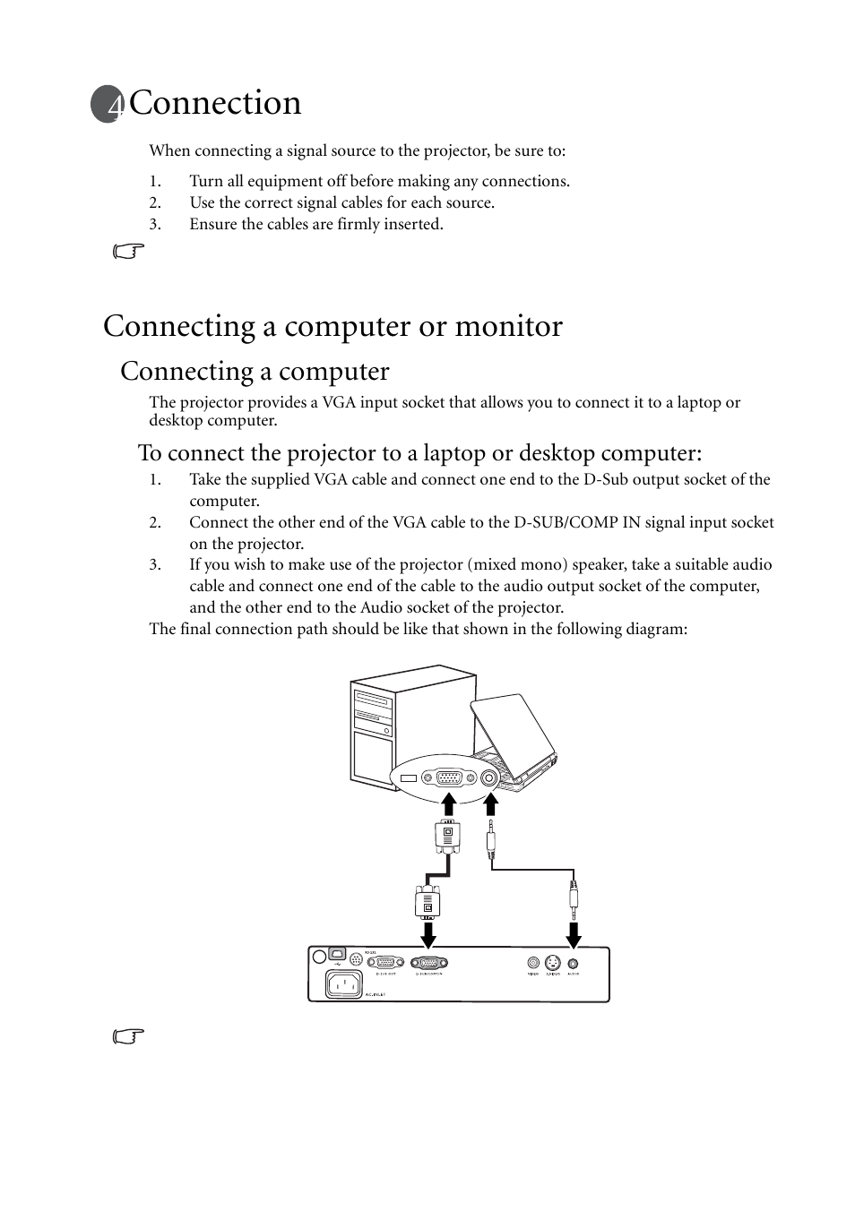 Connection, Connecting a computer or monitor, Connecting a computer | BenQ MP611c User Manual | Page 21 / 60