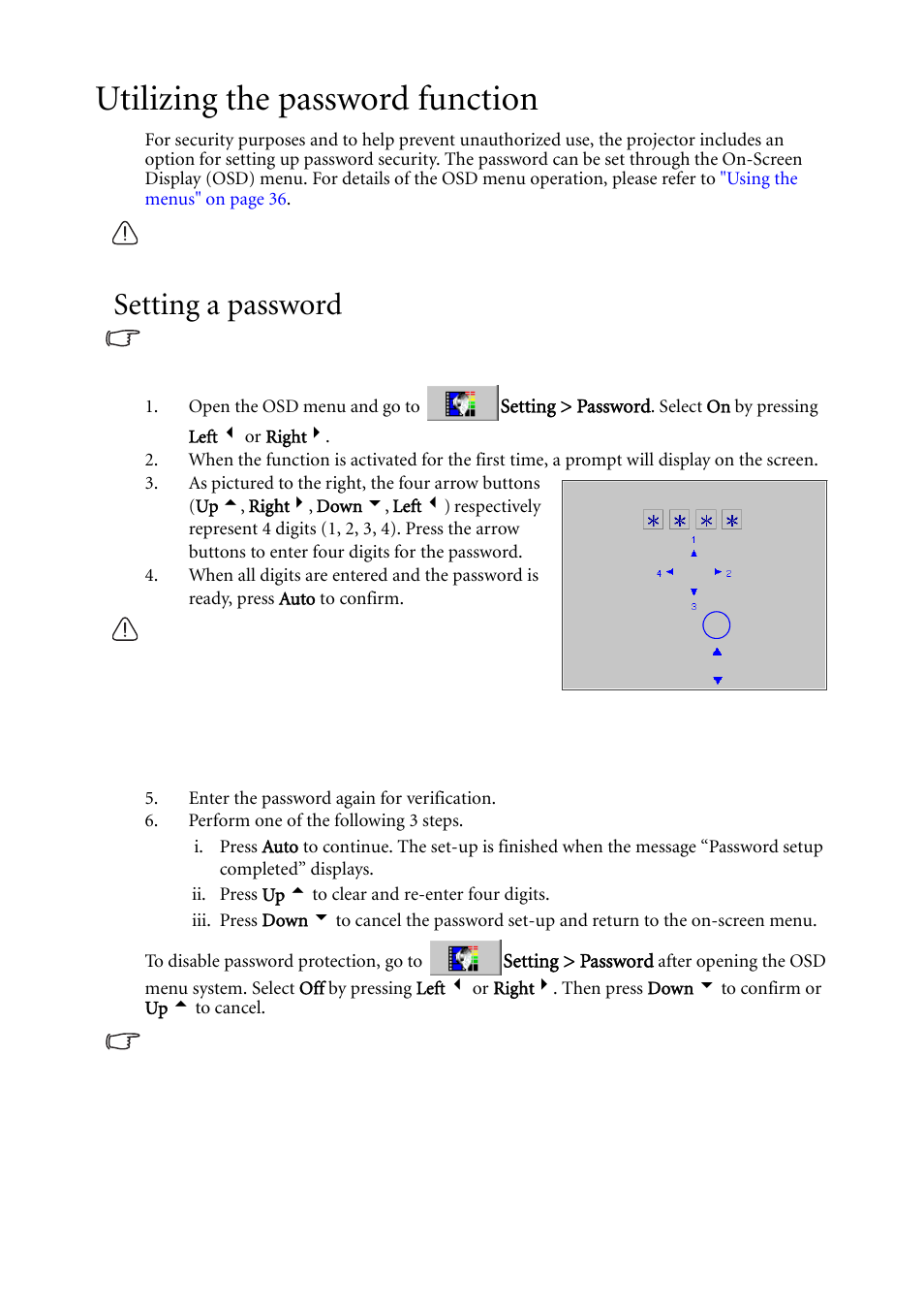 Utilizing the password function, Setting a password | BenQ MP611c User Manual | Page 28 / 60