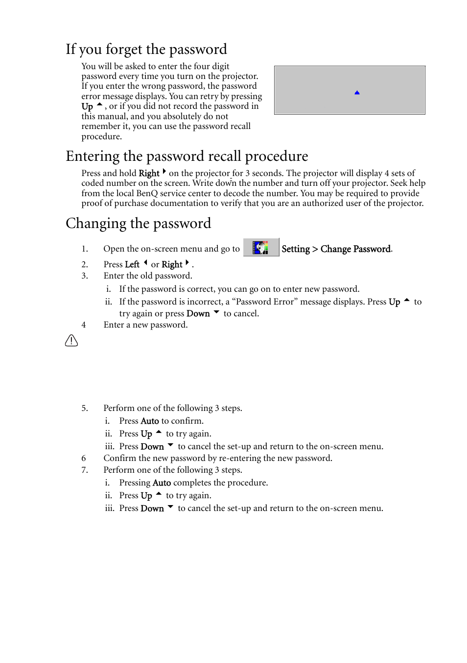 If you forget the password, Entering the password recall procedure, Changing the password | BenQ MP611c User Manual | Page 29 / 60