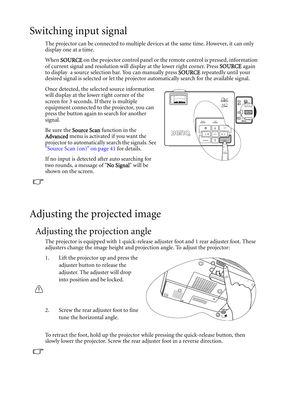 Switching input signal, Adjusting the projected image, Adjusting the projection angle | BenQ MP611c User Manual | Page 30 / 60