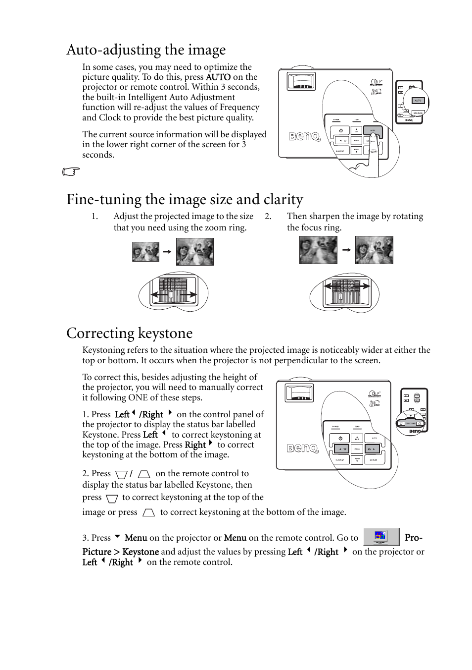 Auto-adjusting the image, Fine-tuning the image size and clarity, Correcting keystone | Fine-tuning the, Auto-adjusting the, Correcting keystone" on, Correcting, For det | BenQ MP611c User Manual | Page 31 / 60