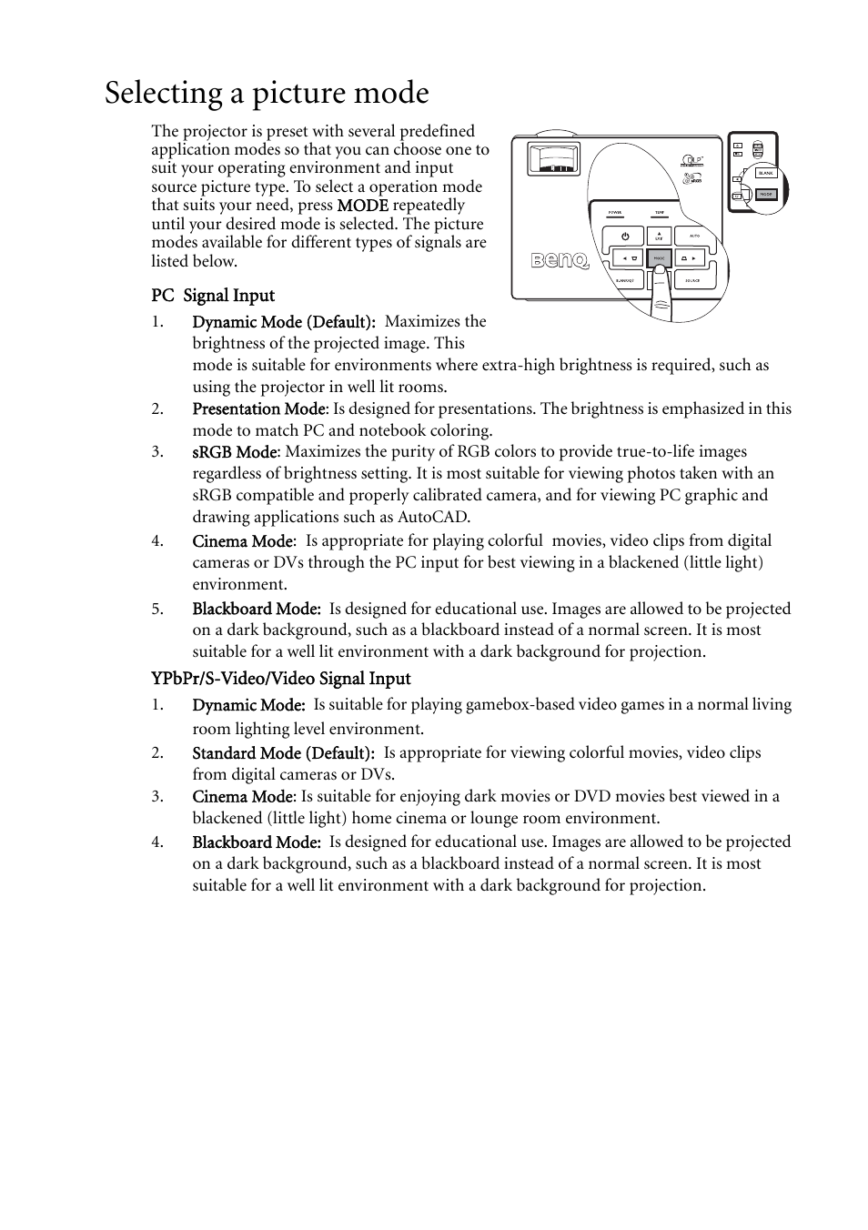 Selecting a picture mode, Selecting a picture | BenQ MP611c User Manual | Page 33 / 60