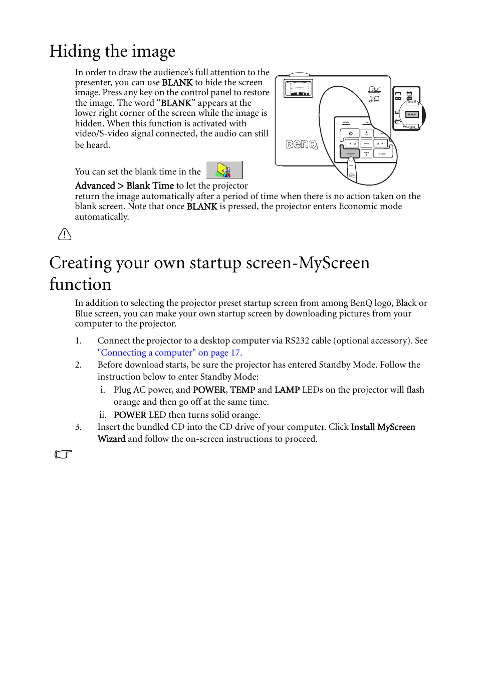 Hiding the image, Creating your own startup screen-myscreen function, Hiding the image" on | BenQ MP611c User Manual | Page 34 / 60