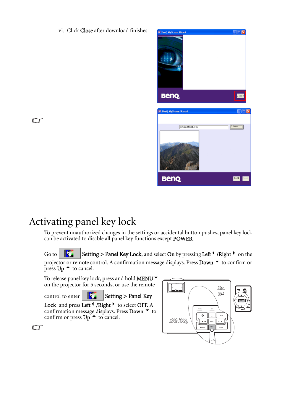 Activating panel key lock | BenQ MP611c User Manual | Page 36 / 60