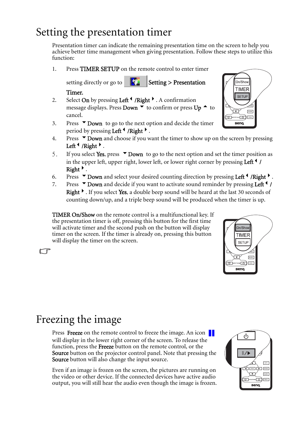 Setting the presentation timer, Freezing the image, Setting the presentation timer freezing the image | Setting the | BenQ MP611c User Manual | Page 37 / 60
