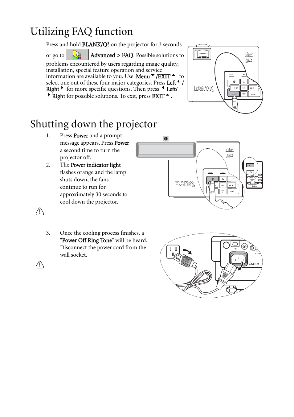 Utilizing faq function, Shutting down the projector, Utilizing faq function shutting down the projector | Shutting down the projector" on, Utilizing faq function" on | BenQ MP611c User Manual | Page 38 / 60