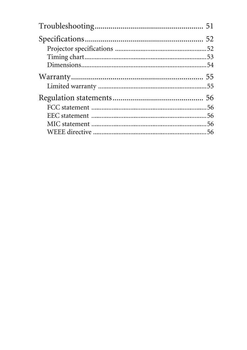 Troubleshooting specifications, Warranty, Regulation statements | BenQ MP611c User Manual | Page 4 / 60