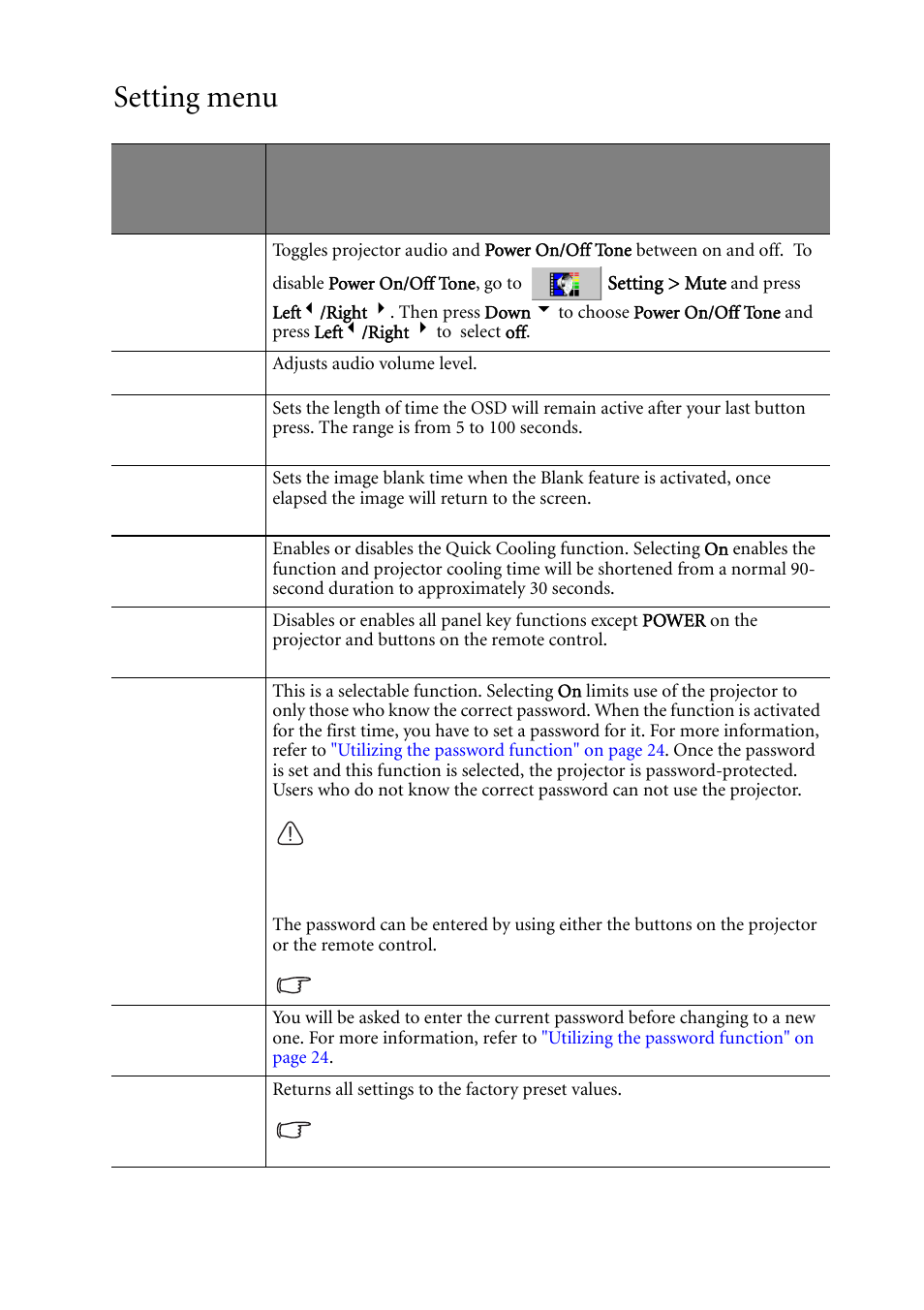 Setting menu | BenQ MP611c User Manual | Page 44 / 60