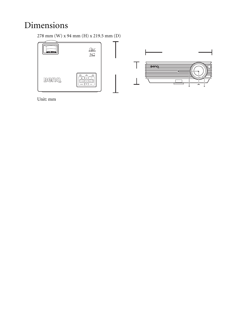 Dimensions | BenQ MP611c User Manual | Page 58 / 60