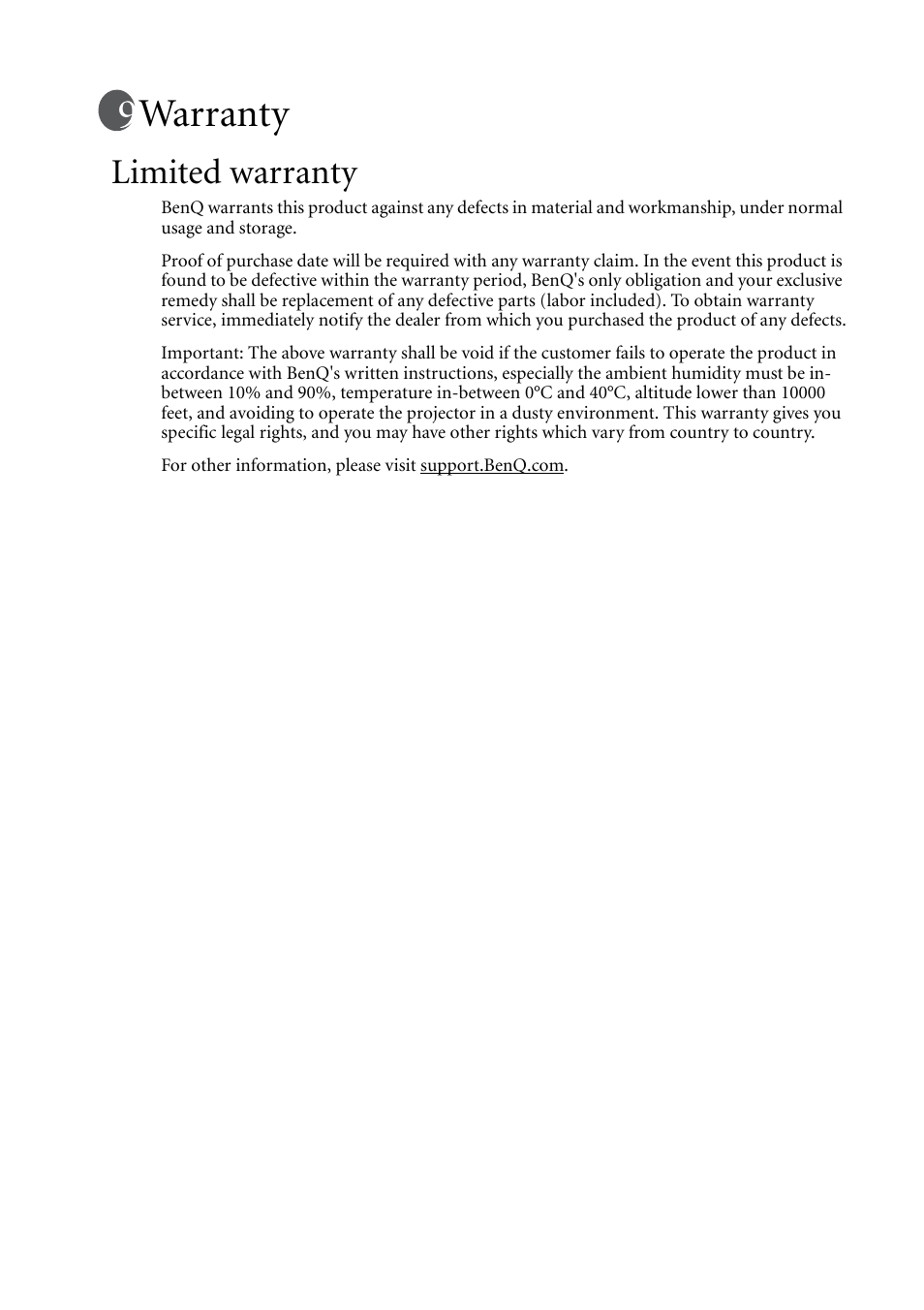 Warranty, Limited warranty | BenQ MP611c User Manual | Page 59 / 60