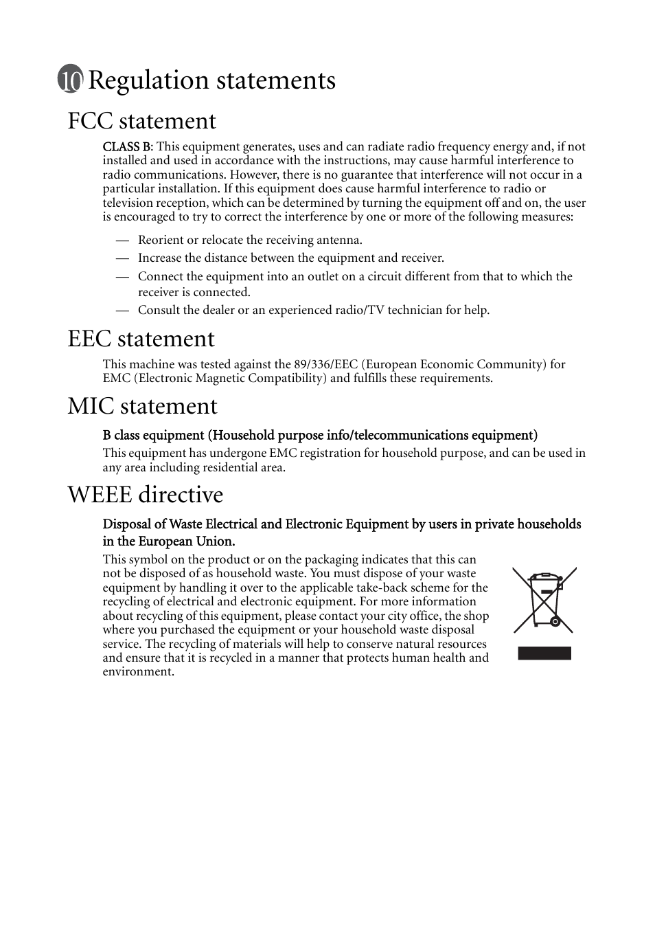 Regulation statements, Fcc statement, Eec statement | Mic statement, Weee directive | BenQ MP611c User Manual | Page 60 / 60