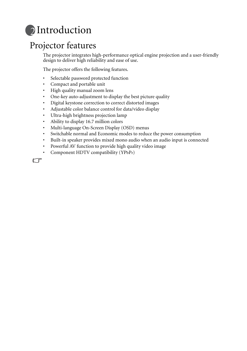 Introduction, Projector features | BenQ MP611c User Manual | Page 9 / 60