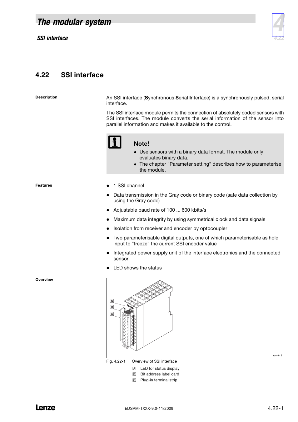 22 ssi interface, Ssi interface, The modular system | Lenze EPM−T9XX Modular system User Manual | Page 103 / 544