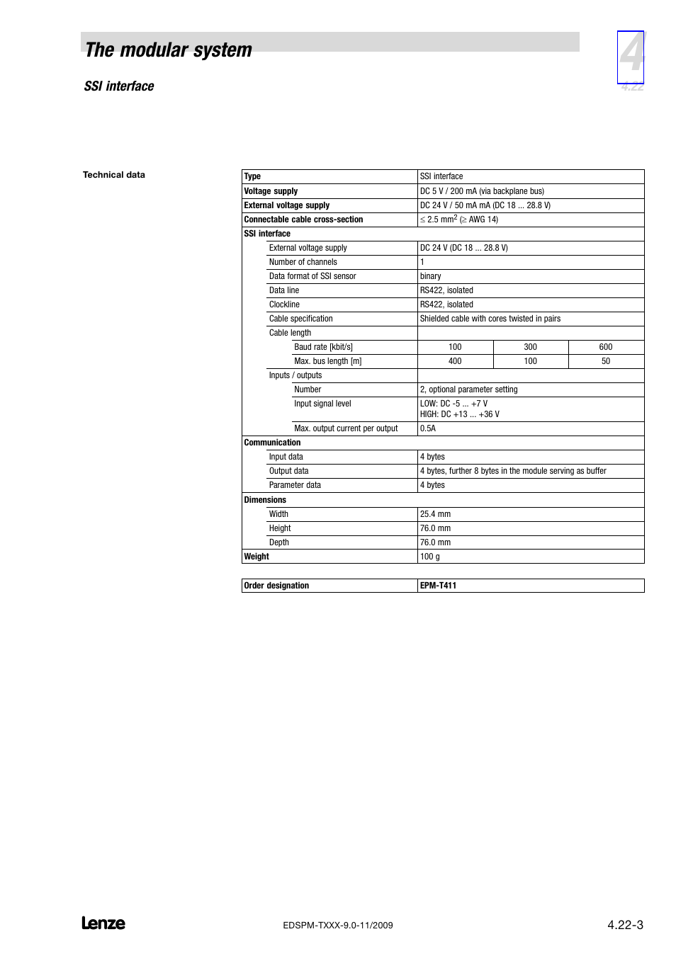 The modular system, Ssi interface | Lenze EPM−T9XX Modular system User Manual | Page 105 / 544