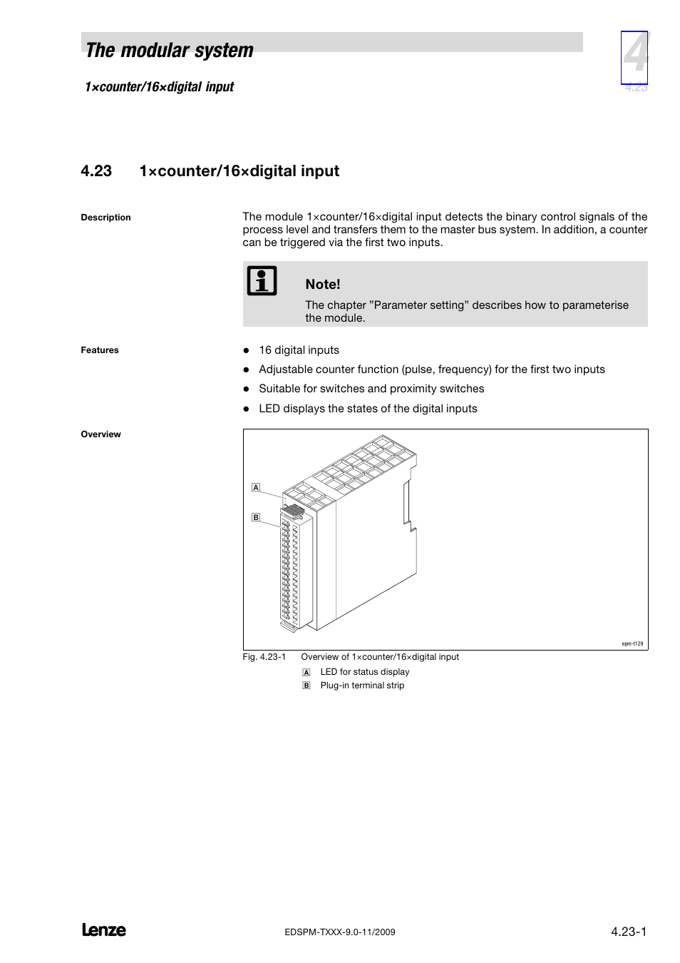 23 1×counter/16×digital input, 1×counter/16×digital input, The modular system | Lenze EPM−T9XX Modular system User Manual | Page 107 / 544