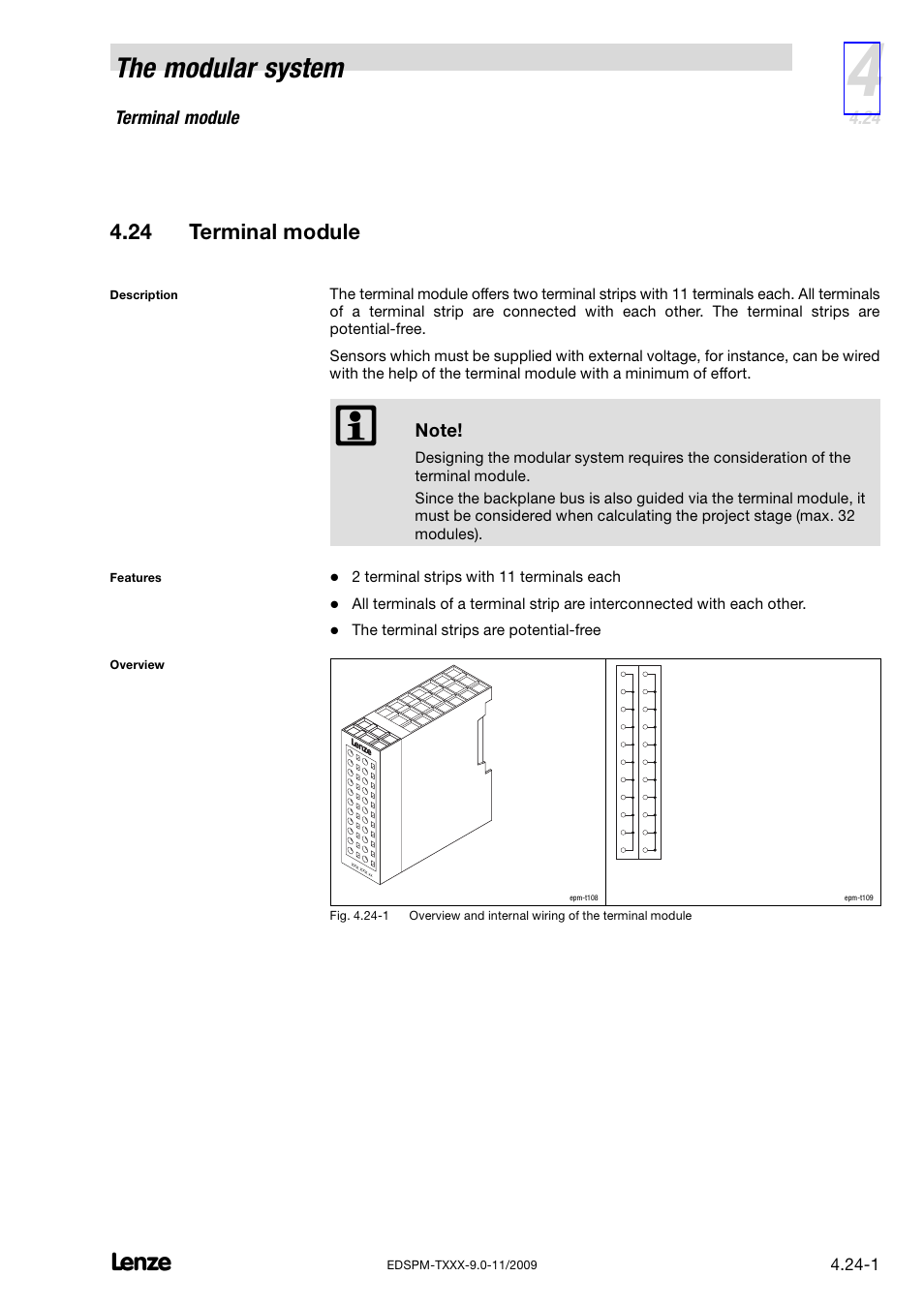 24 terminal module, Terminal module, The modular system | Lenze EPM−T9XX Modular system User Manual | Page 111 / 544