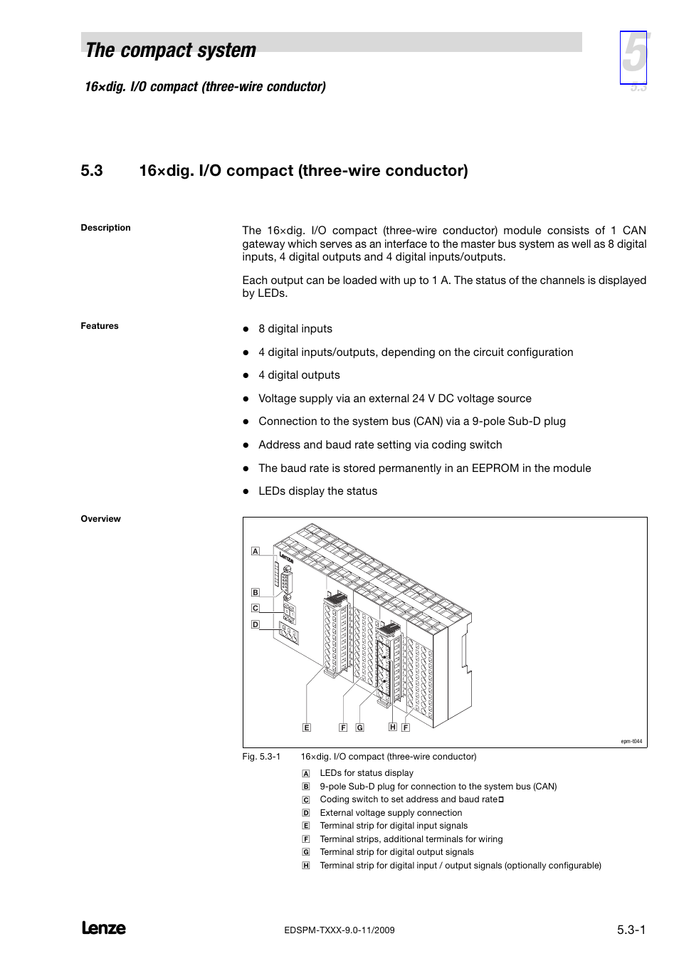 3 16×dig. i/o compact (three-wire conductor), 16×dig. i/o compact (three−wire conductor), 16×dig. i/o compact (single−wire conductor) | The compact system, 3 16×dig. i/o compact (three−wire conductor) | Lenze EPM−T9XX Modular system User Manual | Page 131 / 544