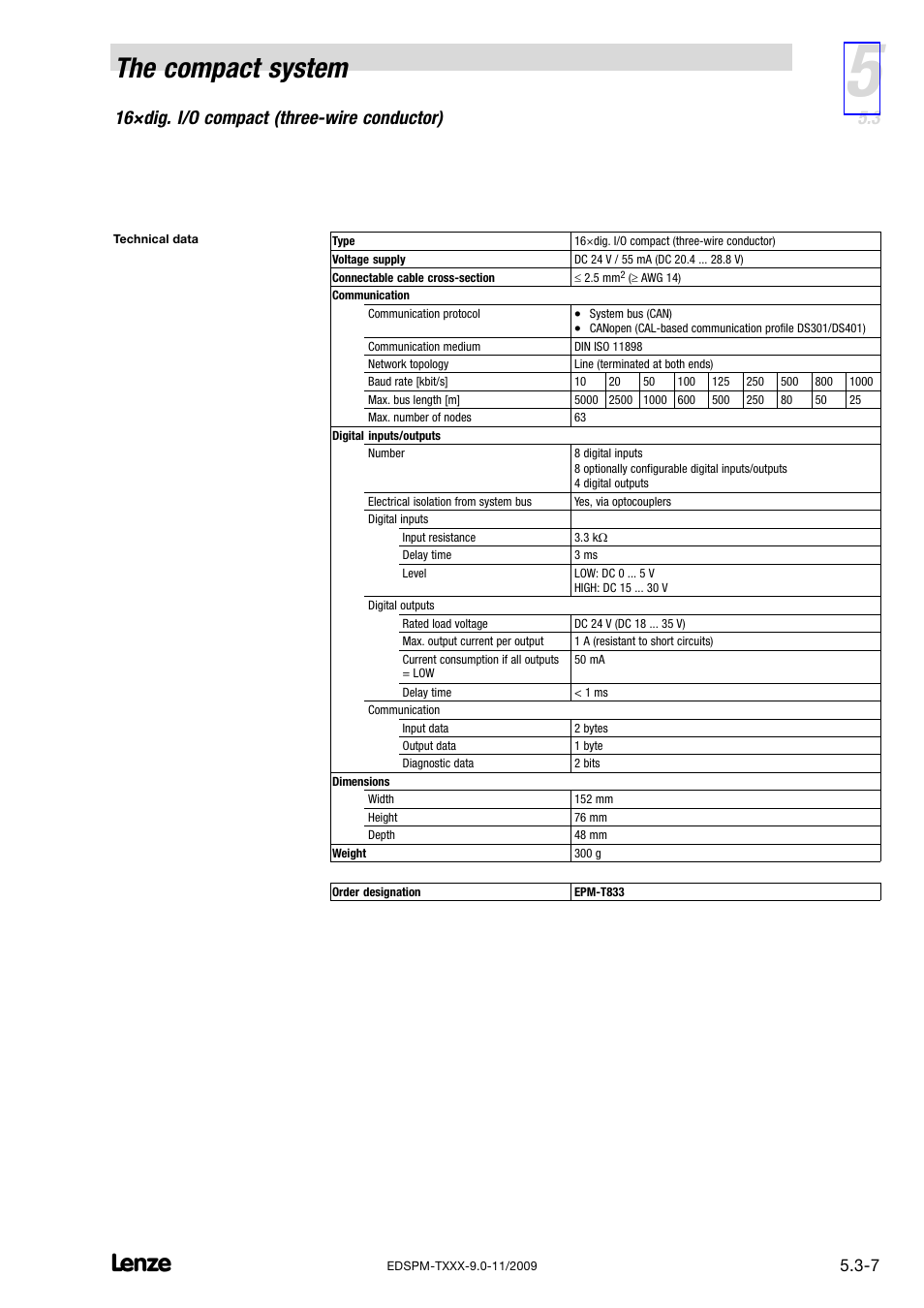 The compact system, 16×dig. i/o compact (three−wire conductor) | Lenze EPM−T9XX Modular system User Manual | Page 137 / 544