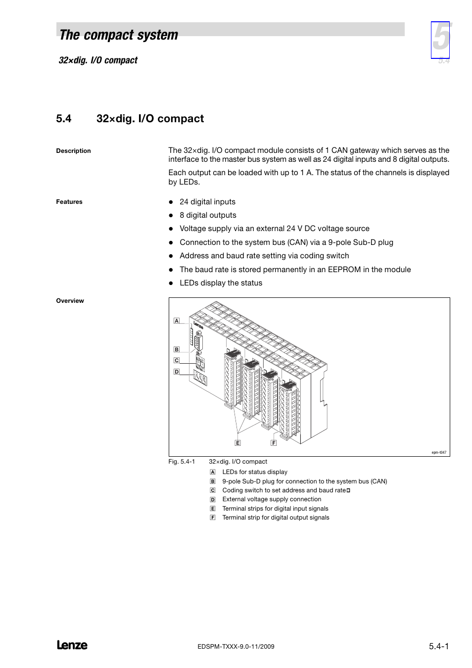4 32×dig. i/o compact, 32×dig. i/o compact, 16×dig. i/o compact (three−wire conductor) | The compact system | Lenze EPM−T9XX Modular system User Manual | Page 139 / 544