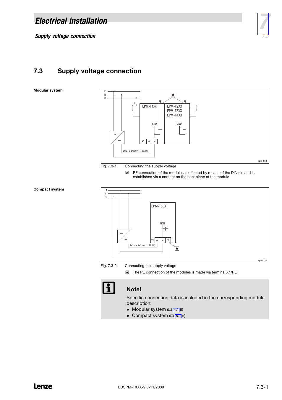 3 supply voltage connection, Supply voltage connection, Electrical installation | Lenze EPM−T9XX Modular system User Manual | Page 161 / 544