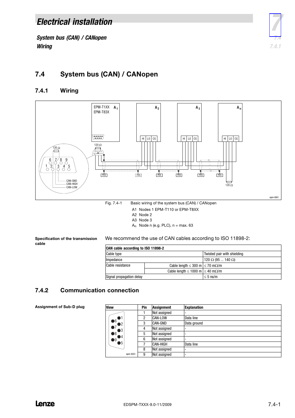 4 system bus (can) / canopen, 1 wiring, 2 communication connection | System bus (can) / canopen, Wiring, Communication connection, Electrical installation, System bus (can) / canopen wiring | Lenze EPM−T9XX Modular system User Manual | Page 163 / 544