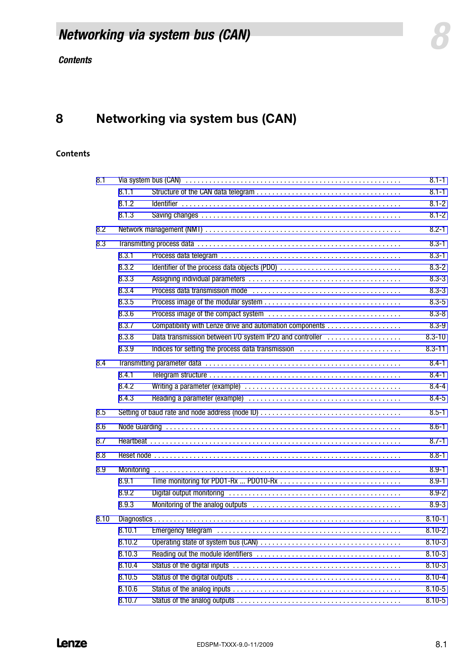 8 networking via system bus (can), Networking via system bus (can), 8networking via system bus (can) | Lenze EPM−T9XX Modular system User Manual | Page 169 / 544