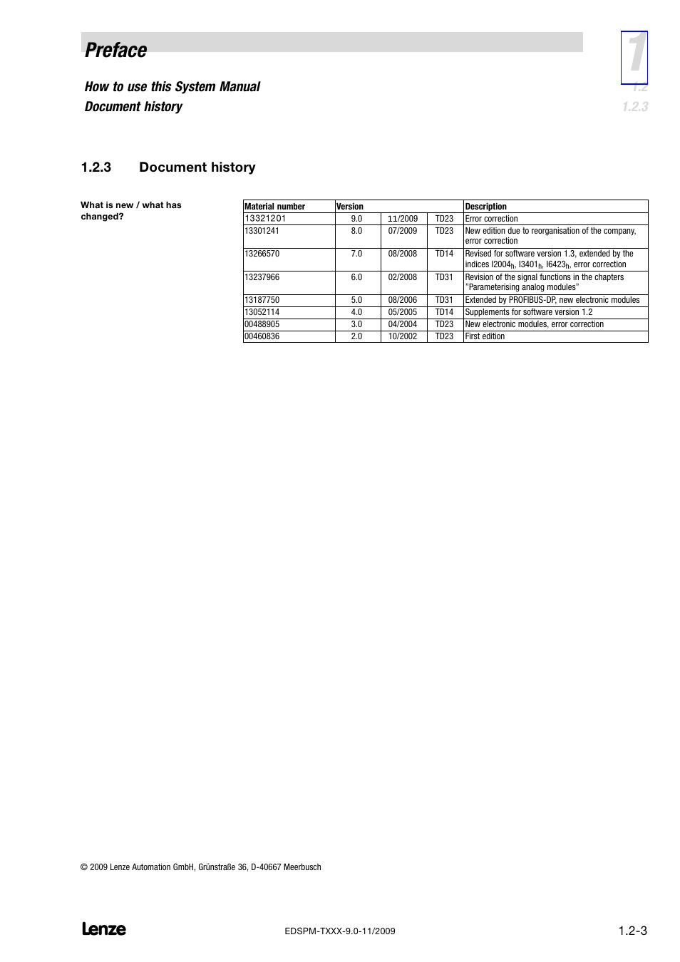 3 document history, Document history, Preface | How to use this system manual document history | Lenze EPM−T9XX Modular system User Manual | Page 17 / 544