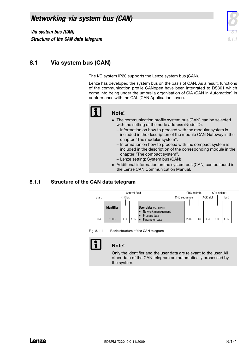 1 via system bus (can), 1 structure of the can data telegram, Via system bus (can) | Structure of the can data telegram, Networking via system bus (can) | Lenze EPM−T9XX Modular system User Manual | Page 171 / 544