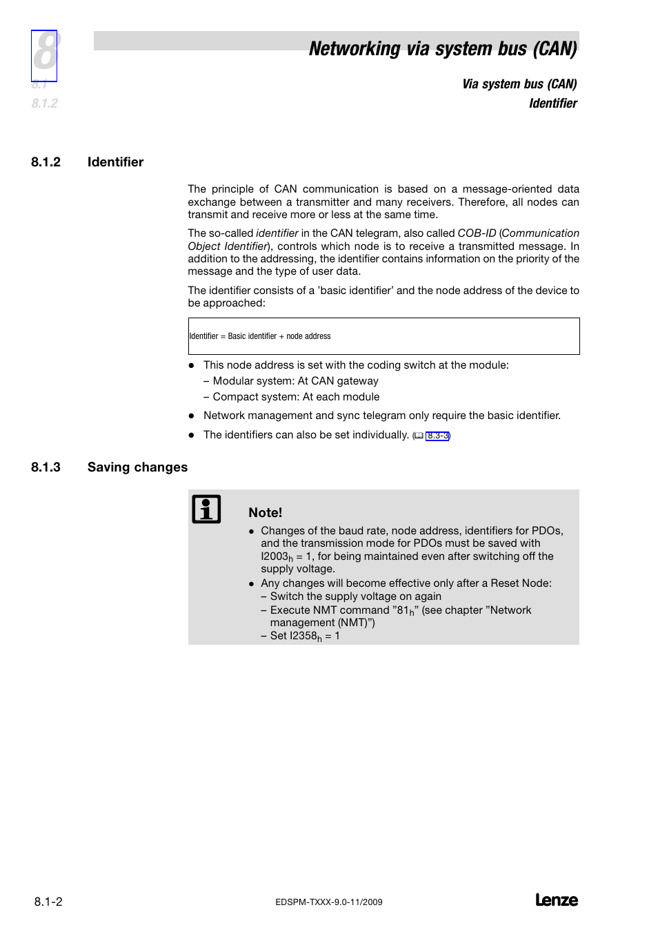 2 identifier, 3 saving changes, Identifier | Saving changes, Networking via system bus (can) | Lenze EPM−T9XX Modular system User Manual | Page 172 / 544