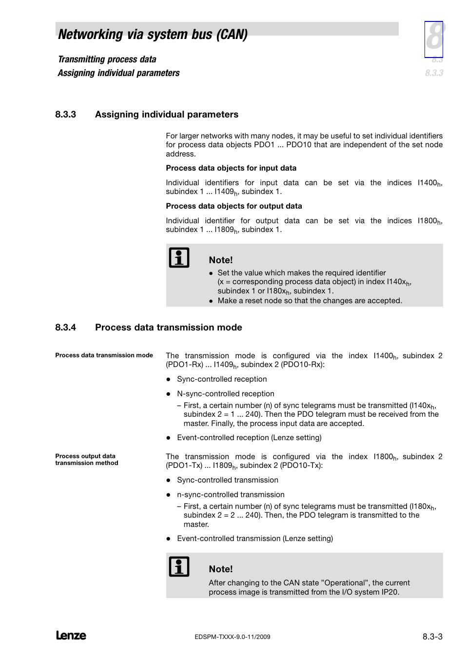 3 assigning individual parameters, 4 process data transmission mode, Assigning individual parameters | Process data transmission mode, Networking via system bus (can) | Lenze EPM−T9XX Modular system User Manual | Page 177 / 544