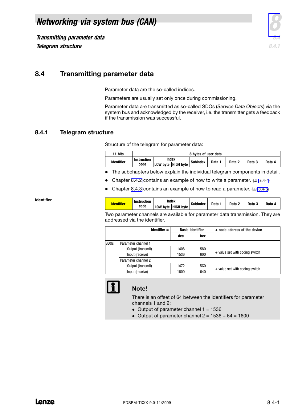 4 transmitting parameter data, 1 telegram structure, Transmitting parameter data | Telegram structure, Networking via system bus (can), Transmitting parameter data telegram structure | Lenze EPM−T9XX Modular system User Manual | Page 187 / 544