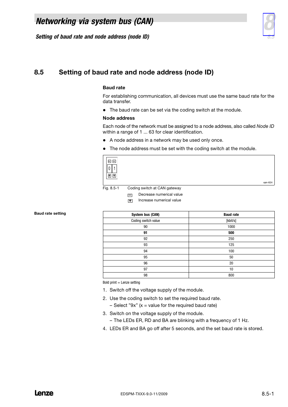 5 setting of baud rate and node address (node id), Setting of baud rate and node address (node id), Networking via system bus (can) | Lenze EPM−T9XX Modular system User Manual | Page 193 / 544