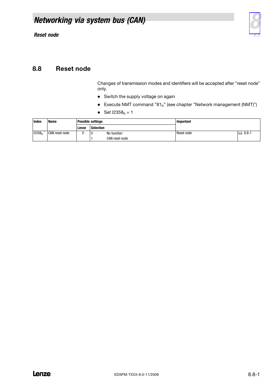8 reset node, Reset node, Networking via system bus (can) | Lenze EPM−T9XX Modular system User Manual | Page 199 / 544