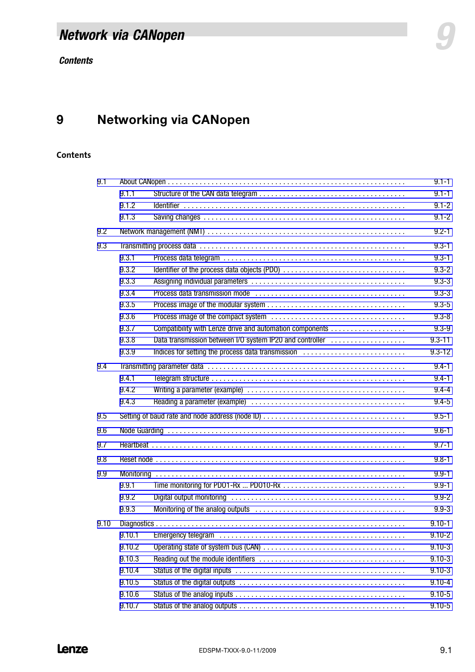 9 networking via canopen, Networking via canopen, Network via canopen | 9networking via canopen | Lenze EPM−T9XX Modular system User Manual | Page 211 / 544