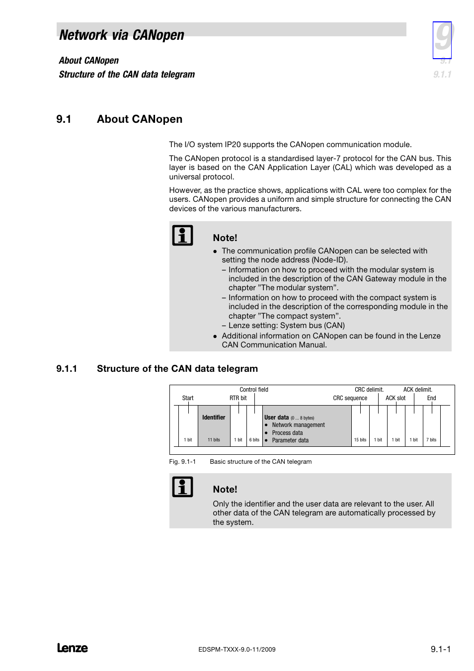 1 about canopen, 1 structure of the can data telegram, About canopen | Structure of the can data telegram, Network via canopen | Lenze EPM−T9XX Modular system User Manual | Page 213 / 544