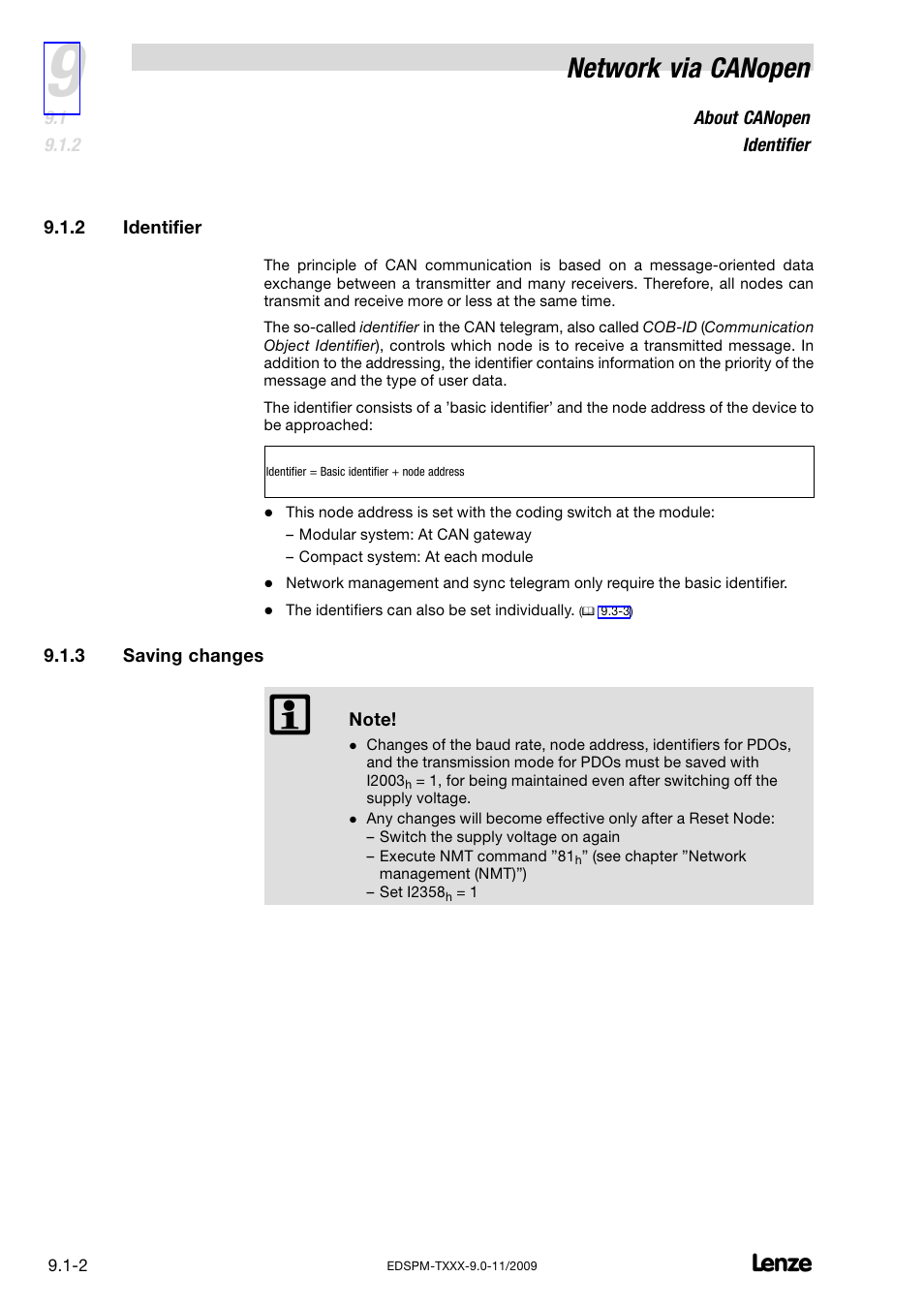 2 identifier, 3 saving changes, Identifier | Saving changes, Network via canopen | Lenze EPM−T9XX Modular system User Manual | Page 214 / 544