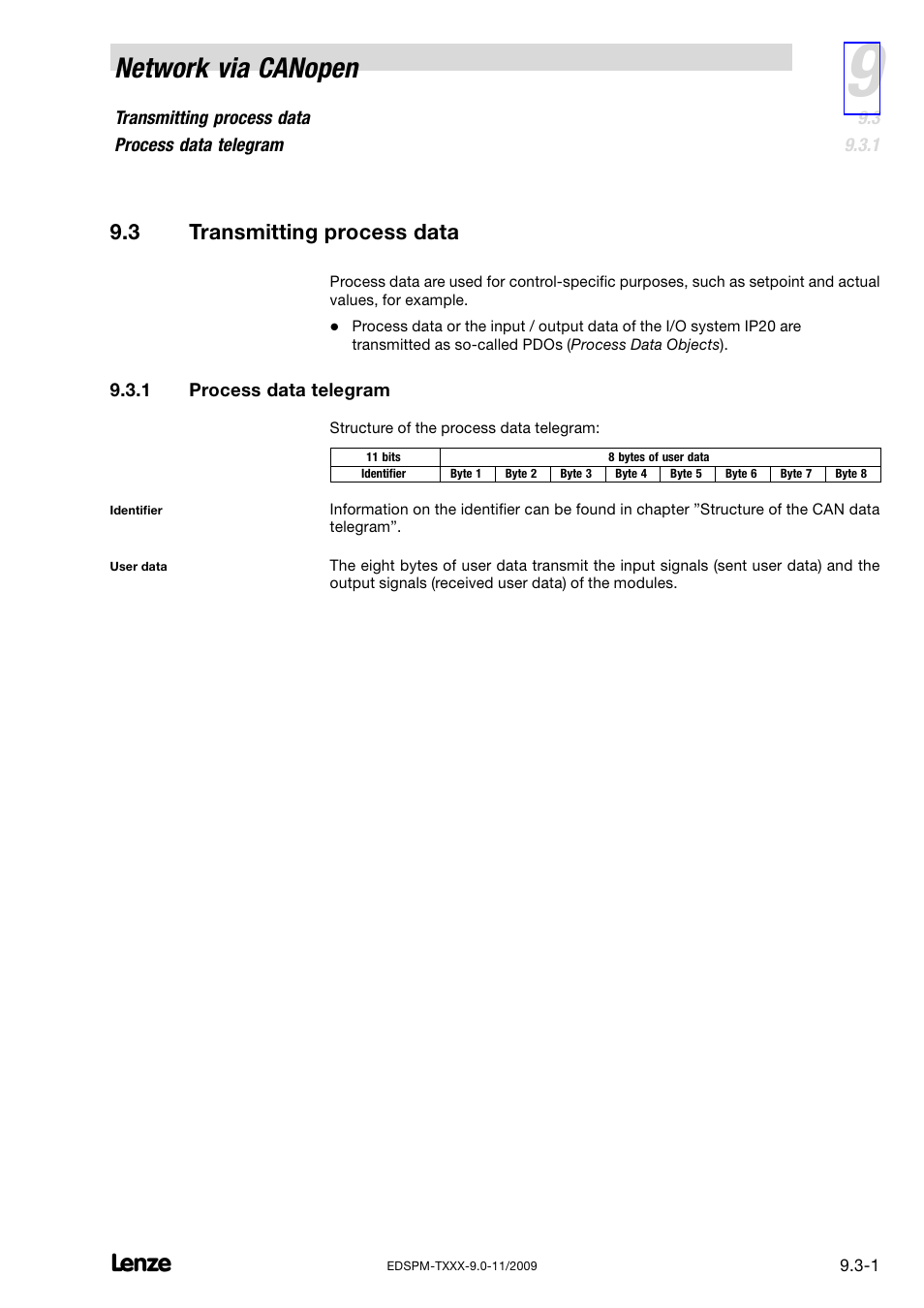 3 transmitting process data, 1 process data telegram, Transmitting process data | Process data telegram, Network via canopen | Lenze EPM−T9XX Modular system User Manual | Page 217 / 544