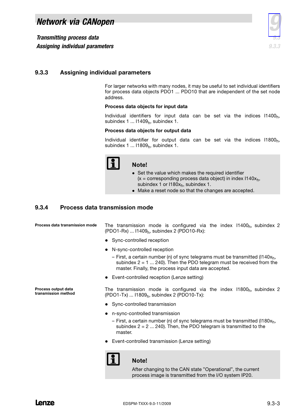 3 assigning individual parameters, 4 process data transmission mode, Assigning individual parameters | Process data transmission mode, Network via canopen | Lenze EPM−T9XX Modular system User Manual | Page 219 / 544