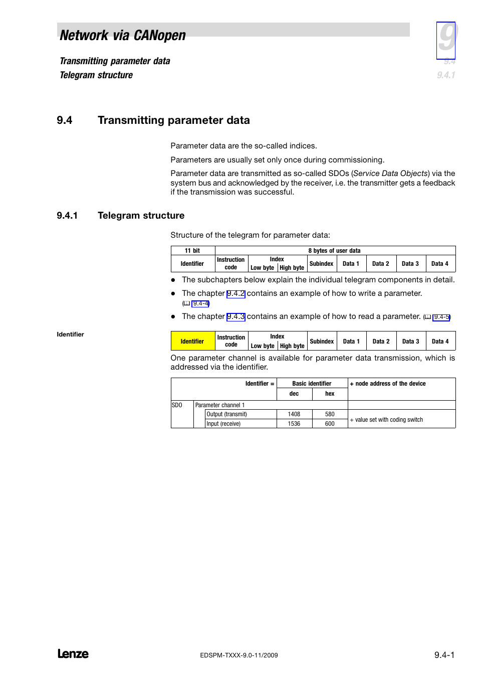 4 transmitting parameter data, 1 telegram structure, Transmitting parameter data | Telegram structure, Network via canopen, Transmitting parameter data telegram structure | Lenze EPM−T9XX Modular system User Manual | Page 231 / 544