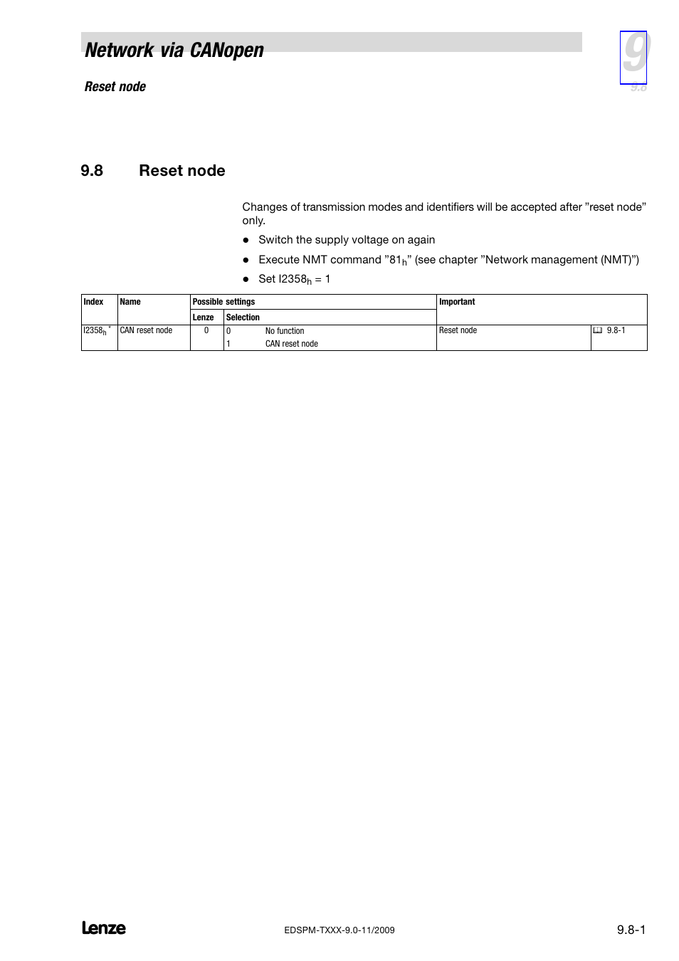8 reset node, Reset node, Network via canopen | Lenze EPM−T9XX Modular system User Manual | Page 243 / 544