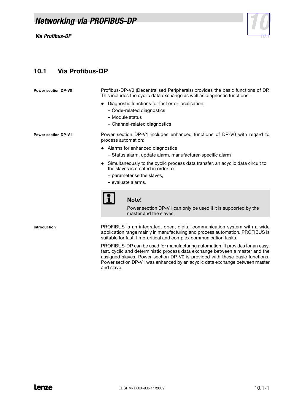 1 via profibus-dp, Via profibus−dp, Networking via profibus−dp | Lenze EPM−T9XX Modular system User Manual | Page 257 / 544