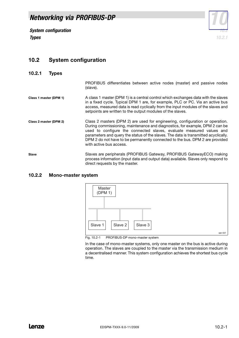 2 system configuration, 1 types, 2 mono-master system | System configuration, Types, Mono−master system, Networking via profibus−dp | Lenze EPM−T9XX Modular system User Manual | Page 259 / 544