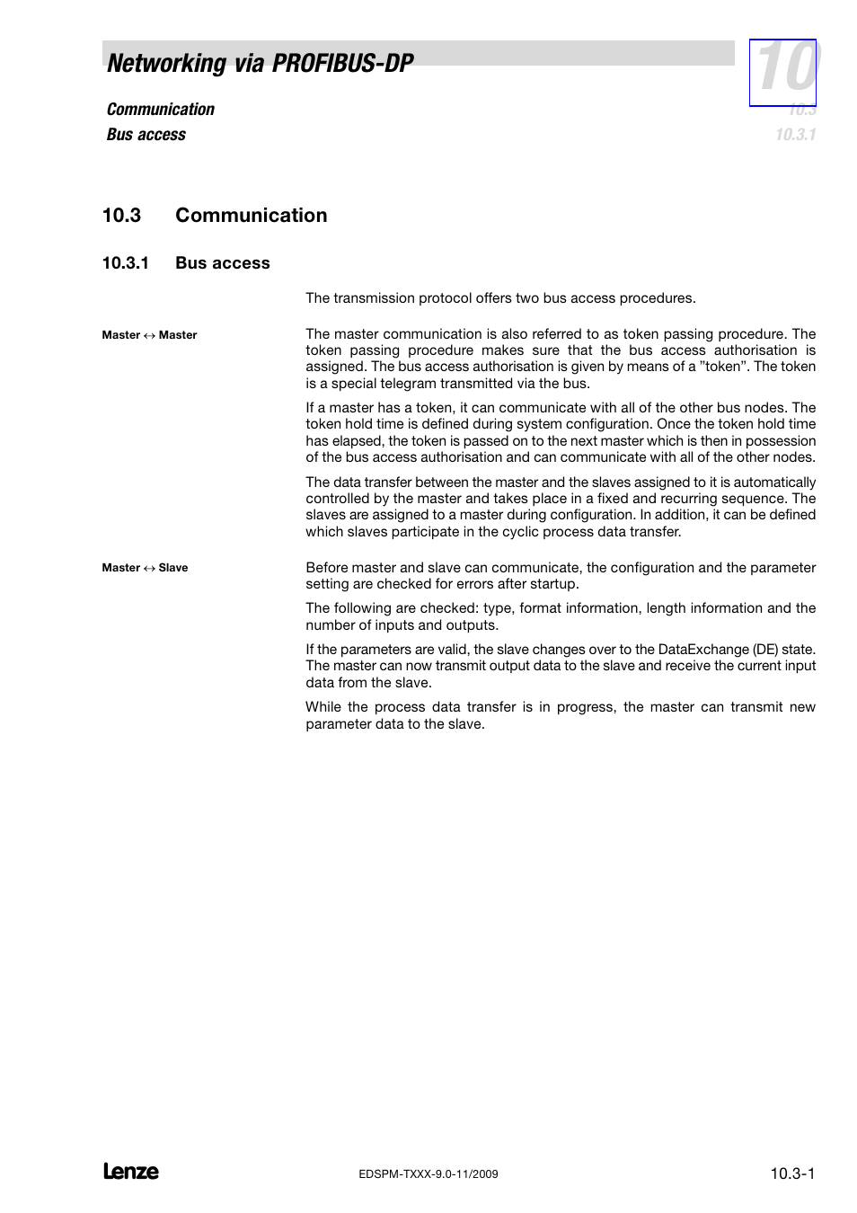 3 communication, 1 bus access, Communication | Bus access, Networking via profibus−dp | Lenze EPM−T9XX Modular system User Manual | Page 261 / 544
