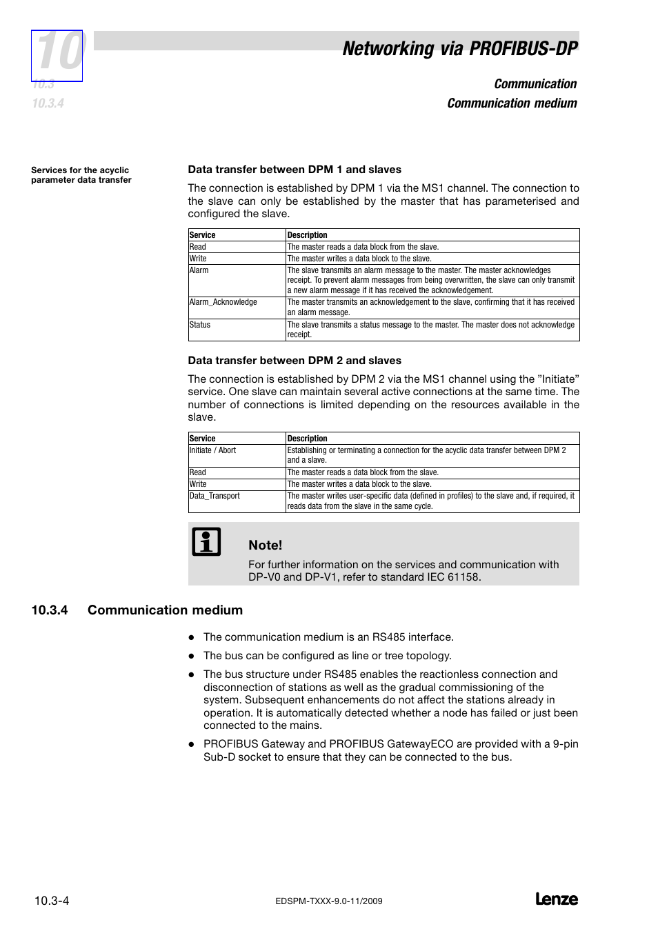 4 communication medium, Communication medium, Networking via profibus−dp | Lenze EPM−T9XX Modular system User Manual | Page 264 / 544