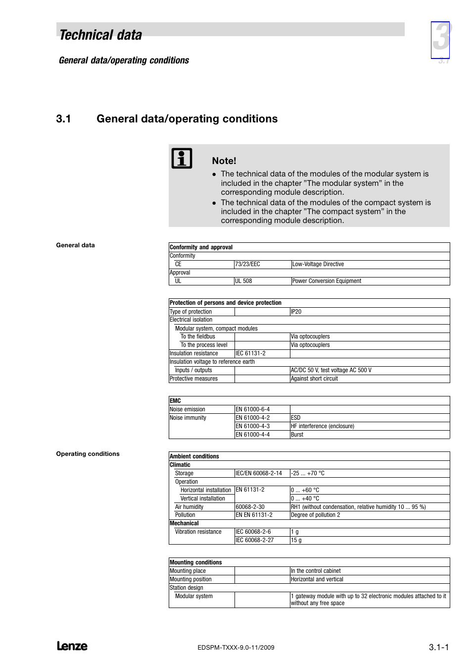 1 general data/operating conditions, General data/operating conditions, Technical data | Lenze EPM−T9XX Modular system User Manual | Page 27 / 544