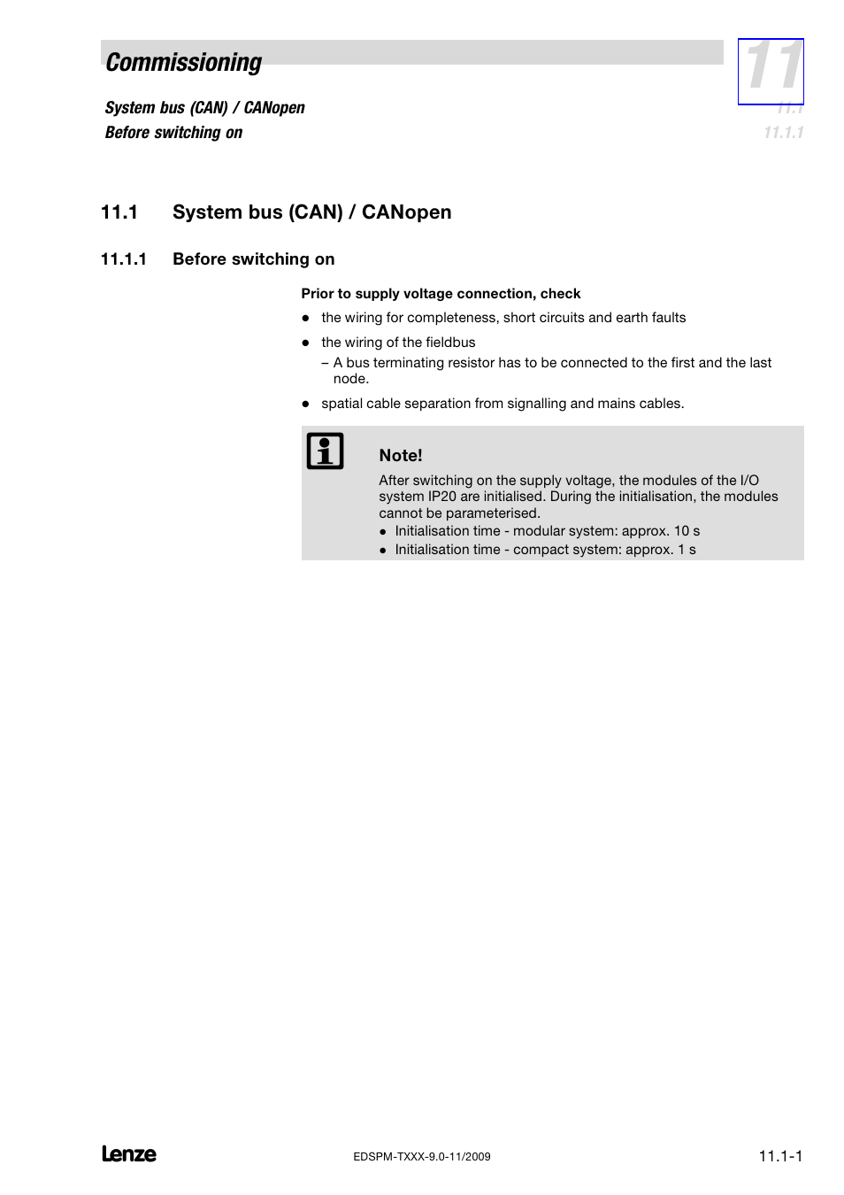 1 system bus (can) / canopen, 1 before switching on, System bus (can) / canopen | Before switching on, Commissioning | Lenze EPM−T9XX Modular system User Manual | Page 285 / 544