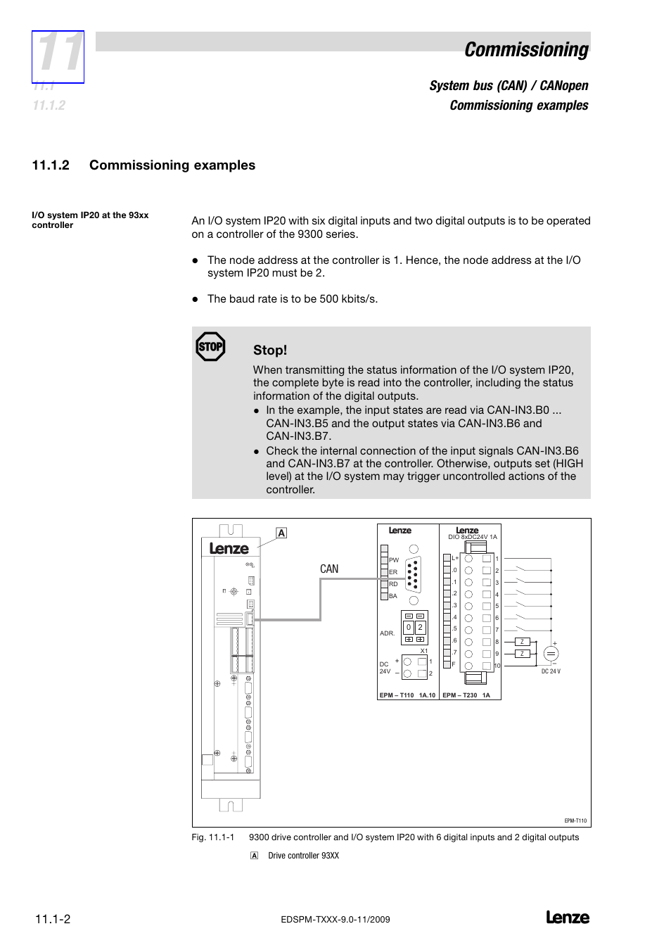 2 commissioning examples, Commissioning examples, Commissioning | System bus (can) / canopen commissioning examples, Stop | Lenze EPM−T9XX Modular system User Manual | Page 286 / 544