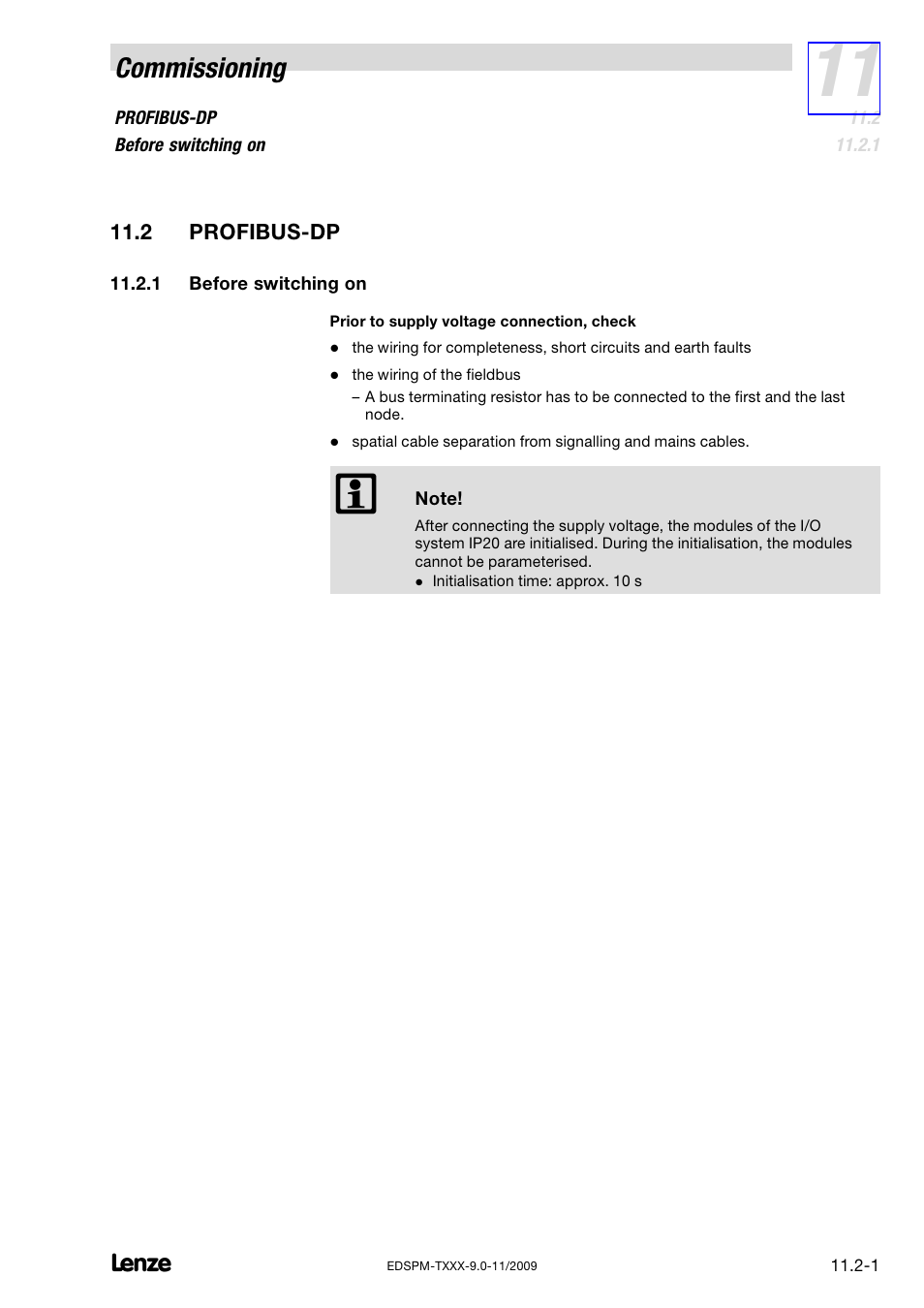 2 profibus-dp, 1 before switching on, Profibus−dp | Before switching on, Commissioning | Lenze EPM−T9XX Modular system User Manual | Page 291 / 544
